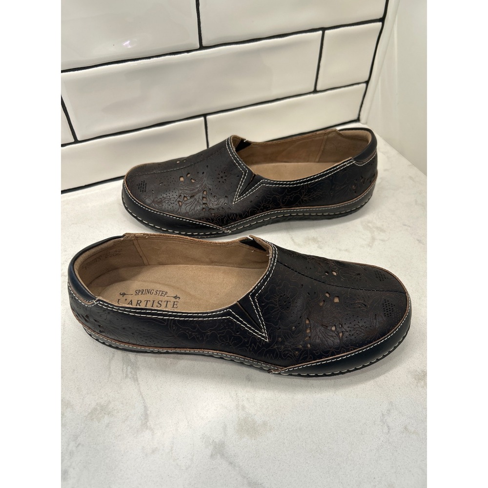 L'Artiste by Spring Step Libora Brown Leather Laser Cut Floral Loafers Flats 42